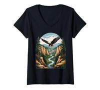 Womens Soaring Eagle Over Canyon River - Majestic Nature Scene V-Neck T-Shirt