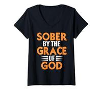 Womens Sober by The Grace of God Christian Recovery Quote V-Neck T-Shirt
