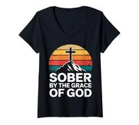 Womens Sober By the Grace of God Christian Recovery V-Neck T-Shirt