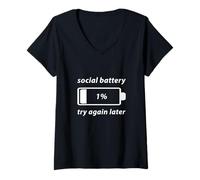 Women's Social Battery 1% Try Again Later Funny Relatable Life Humor V-Neck T-Shirt