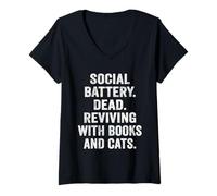 Womens Social Battery Dead Reviving with Books and Cats Introvert V-Neck T-Shirt