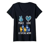 Women's Social Work Peace Symbol Heart Leopard Print V-Neck T-Shirt