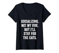 Womens Socializing Not My Vibe I'll Stay for The Cats Fun Introvert V-Neck T-Shirt