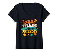 Womens Socially Awkward But Still Friendly - Floral Groovy V-Neck T-Shirt