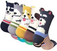 Womens Socks Ladies Breathable Soft Cotton Crew Cute Dog Animal Patterned Novelty Festive Sock Birthday Christmas Holiday Gifts for Women Multicolour Daily Wear Socks Womens UK 4-7 （5 Pairs）
