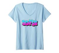 Womens Sofia Graffiti Personalized Name Blue Pink Lettering V-Neck T-Shirt