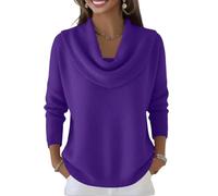 Women's Soft and Elegant Solid Color Ruffled Collar Sweater Top Lightweight Loose-Fit Long-Sleeve Cowl Neck Pullover Purple M