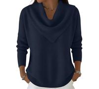 Women's Soft and Elegant Solid Color Ruffled Collar Sweater Top Lightweight Loose-Fit Long-Sleeve Cowl Neck Pullover Navy XXL