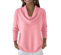 Women's Soft and Elegant Solid Color Ruffled Collar Sweater Top Lightweight Loose-Fit Long-Sleeve Cowl Neck Pullover Pink L
