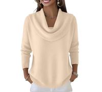 Women's Soft and Elegant Solid Color Ruffled Collar Sweater Top Lightweight Loose-Fit Long-Sleeve Cowl Neck Pullover Beige L