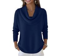 Women's Soft and Elegant Solid Color Ruffled Collar Sweater Top Lightweight Loose-Fit Long-Sleeve Cowl Neck Pullover Dark Blue L
