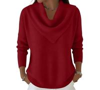 Women's Soft and Elegant Solid Color Ruffled Collar Sweater Top Lightweight Loose-Fit Long-Sleeve Cowl Neck Pullover Red M
