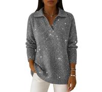 Women's Soft and Elegant Solid Color Ruffled Collar Sweater Top Lightweight Loose-Fit Long-Sleeve Cowl Neck Pullover Gray XXL