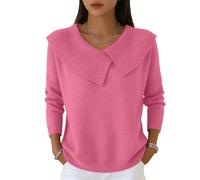 Women's Soft and Elegant Solid Color Ruffled Collar Sweater Top Lightweight Loose-Fit Long-Sleeve Cowl Neck Pullover Pink L