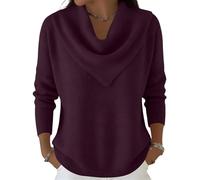 Women's Soft and Elegant Solid Color Ruffled Collar Sweater Top Lightweight Loose-Fit Long-Sleeve Cowl Neck Pullover Dark Purple L