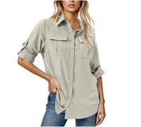 Womens Soft Checked Shirts Roll Up Short Sleeve Plaid Button Down Collared V Neck Ladies Blouses Work Tops with Pocket Solid Color Plain Pop-Over Tshirt Elegant Office Daily Tee Beige
