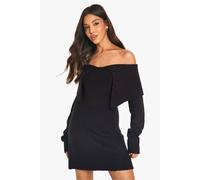 Womens Soft Knit Oversized Collar Off The Shoulder Jumper Dress - Black - S, Black