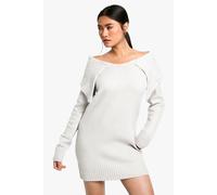 Womens Soft Knit Oversized Collar Off The Shoulder Jumper Dress - Grey - M, Grey