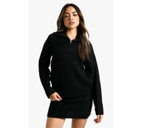 Womens Soft Knit Thick Rib Zip Neck Oversized Jumper And Mini Skirt Set - Black - S, Black