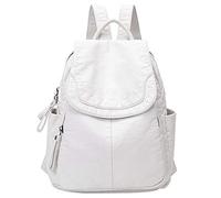 Women's Soft Leather Casual School Backpack - Washed Leather Daypack, Small Shoulder Bag, Waterproof, Fashion Rucksack, Vintage Teen Bags, White