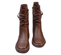 Womens Soft Leather Slouch Boots Wide Fit Ladies Mid Calf Walking Boots Waterproof Flat Casual Shoes Side Zip Pull on Booties British Style Boot for Fall and Winter Size 3-8 Brown