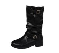 Womens Soft Leather Wide Fit Slouch Boots Ladies Mid Calf Cowboy Boots Thick Heel Round Toe Slip on Shoes Classic Retro Wide Calf Winter Biker Boot Combat Boot for Fall and Winter Size 3-8 Black