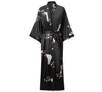 Women's Soft Long Satin Robes Long Silk Robes Full Length Robes Kimonos Silky Bath Robe Dressing Gowns, Floral Print Black, L-x-L