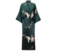 Women's Soft Long Satin Robes Long Silk Robes Full Length Robes Kimonos Silky Bath Robe Dressing Gowns, Floral Print Green, XXL/3XL