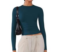Women's Soft Long Sleeve Shirts Crew Neck Tops Basic Tees Stretchy Going Out Crop Tops Y2K Slim Fit T-Shirts Peacock Blue S