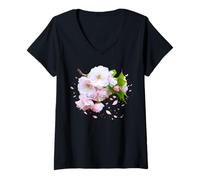 Women's Soft Pink Cherry Blossom Branch Sakura Japan 2 Shapes Mania V-Neck T-Shirt