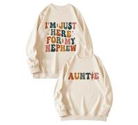 Womens Soft Sweatshirts Loose Comfy Oversized Fit Auntie Sweatshirt Women I'm Just Here For My Nephew Funny Auntie Graphic Sweater Vintage Pullover Crew Neck Tops Fuzzy Hoodies for Women (Beige, M)