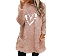 Womens Soft Sweatshirts Loose Comfy Oversized Fit Chain Love Printed Round Neck Sweatshirt Dress Loose Long Sleeve Pocket Plush Sweatshirt For Women Basics Clothing Women (Pink, S)