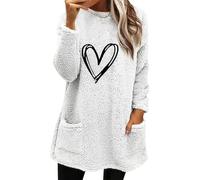 Womens Soft Sweatshirts Loose Comfy Oversized Fit Chain Love Printed Round Neck Sweatshirt Dress Loose Long Sleeve Pocket Plush Sweatshirt For Women Basics Clothing Women (White, S)