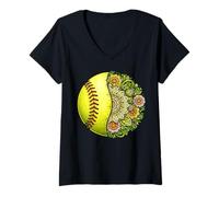 Women's Softball Floral Mandala Design Nature Naturecore Pattern V-Neck T-Shirt