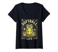 Women's Softball Life Cute Frog Floral Game Lover V-Neck T-Shirt