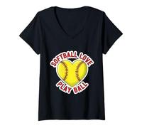 Women's Softball Love Heart Coach Lover Fan Slogan Cheer Quote V-Neck T-Shirt
