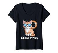 Women's Solar Eclipse 08.12.2026 Cat Wearing Solar Eclipse Glasses V-Neck T-Shirt