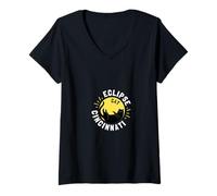Women's Solar Eclipse 2024 Funny 4.8.24 Solar Eclipse Cincinnati Cat V-Neck T-Shirt