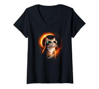 Women's Solar Eclipse Cat August Space Design V-Neck T-Shirt