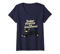 Women's Solar Powered and Unbothered Relaxed Cat V-Neck T-Shirt