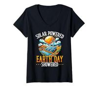 Womens Solar Powered Earth Day Showered Renewable Energy V-Neck T-Shirt
