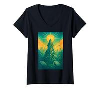 Womens Solarpunk Eco Future City Art Nature Tech Sustainability V-Neck T-Shirt