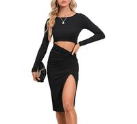Women's Solid Casual Long Sleeve Bodycon Dress Cutout Twist Front Side Slit Knit Party Midi Dresses Black L