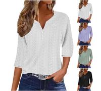 Women's Solid Color Blouses UK Sale Ladies Loose Casual Shirt Button Up Tshirts 3/4 Sleeve Tee V Neck T-Shirts Hollow Out Pullover Casual Comfy Jumper Breathable Sweatshirts Walking Travelling Tops