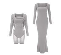 Women's Solid Color Body Shaping Dress with Breast Pad Built in Body Shaping Underwear 8 in 1 Women's Casual Long Sleeved Dress Long Maxi Dress for Women Plus Size (Grey, M)