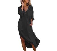 Women's Solid Color Button Openings Loose Breathable Casual Shirt Long Shirt Dress Tall Pull on Dress Pants for Women Black