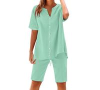Women's Solid Color Fashion Casual Cotton Linen Pocket Long Sleeve Shirt Short Jacket Suit Beach Dress (Mint Green, S)