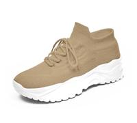 Women's Solid Color Fashion Four Season Lace Up Sneakers Solid Color Flying Woven Running Shoes Soft Second Skin for Your Soles Khaki