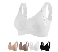 Women's Solid Color Four Rows Adjustable Wireless Bra, Soft and Comfortable Seamless Breathable Anti-Sagging Bra (White,L)
