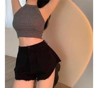 Women's Solid Color Halter Neck Crop Top Spaghetti Strap Vest, Regular Length Stretchy Summer Tank for Beach Vacation Yoga Holiday For Leisure, One Size Fits(One Size Gray)